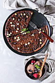 A sweet chocolate pizza with three types of chocolate