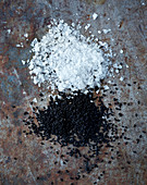 Coarse sea salt and black sesame seeds