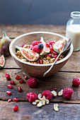 Granola with figs, berries and pomegranate seeds