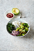 A green veggie bowl with kale, algae and rice noodles