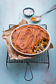 Shepherd's pie made with minced turkey and sweet potatoes