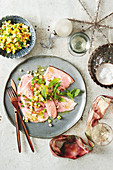 Christmas ham with a pineapple and peach salsa