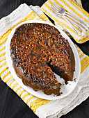 Chocolate pecan upside down cake cooked in a slow cooker