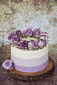 Ombre cake with vanilla, decorated with purple roses