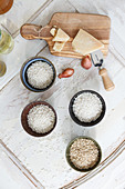 Ingredients for risotto with various types of rice