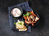 Oven-roasted root vegetables and mushrooms with cream cheese and bread