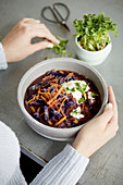 Purple red cabbage and quinoa soup with elderberry juice