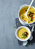 Sweetcorn and peanut soup with sliced sausage