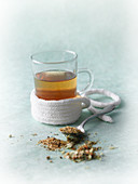 Flu tea made from meadowsweet, elderflowers and lime flowers