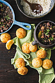 Black beans with chorizo and cheesy bread puffs