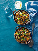 Braised lentil dhal with spinach, pumpkin and coriander (India)