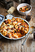 Tortelllini baked with meatballs and tomato sauce