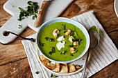 Cream of pea soup with fresh mint and croutons
