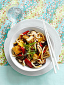 Udon noodles with peppers, mushrooms and tofu (Japan)