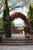Arch covered in flowering bougainvillea on terrace with a view