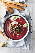 Beef borscht with caraway and rye sticks