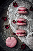 Pink macarons on a cheesecloth