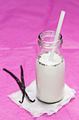 Homemade vanilla milk in a glass bottle against a pink background