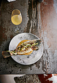 Salt-and-pepper New Zealand flounder, grilled leek and fermented shiitake and brown butter emulsion