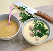 Potato and sweetcorn soup with sausage dumplings