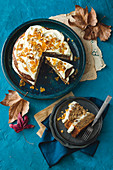 Pumpkin cake with cream cheese frosting and pecan nut brittle