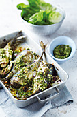 Oven-grilled mackerel with a spiced herb sauce