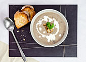 Wild mushroom soup, garnished with parsley and grilled slices of bread