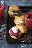 Halloween scones with rhubarb jam