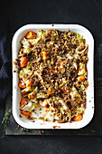 Savoury chicken crumble with butternut squash, carrots and parsnips