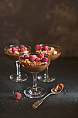 Chocolate mousse with amaretti biscuits and fresh raspberries