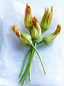 Fresh zucchini flowers on greaseproof paper