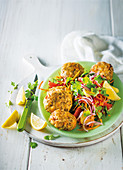 Lentil curry fish cakes with coleslaw