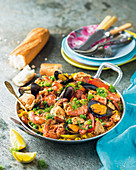 New Year's Eve paella with chicken, chorizo, and seafood