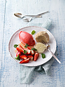Quark dumplings with strawberry compote and strawberry sorbet