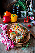 Meatloaf with bell pepper, peas and onions