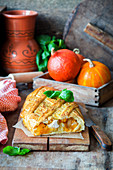 A chicken and pumpkin yeast strudel