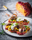Beetroot soda bread with spicy chicken livers