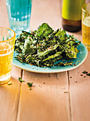 Deep fried broccoli leaves and beer