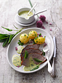 Prime boiled beef with buttered potatoes and herb mayonnaise