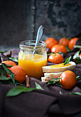 Glas mit Mandarinenkonfitüre und frischen Früchten