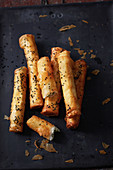 Sambose (fried filo pastry rolls filled with parsley and cheese, Syria)
