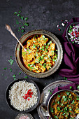 Verschiedene indische Curries mit Reis (Aufsicht)