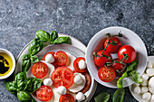 Italian caprese salad with sliced tomatoes, mozzarella cheese, basil, olive oil