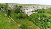 Malham Cove limestone cliffs, drone footage