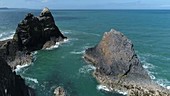 Sea stacks at Ceibwr Bay, drone footage