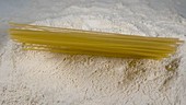 Dry spaghetti falling into flour, slow motion