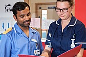 Hospital staff discussing notes