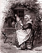 Old woman with spinning wheel, 19th Century illustration