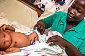Hospital nurse checking newborn baby's umbilical cord
