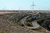 Wind turbines by a winding road